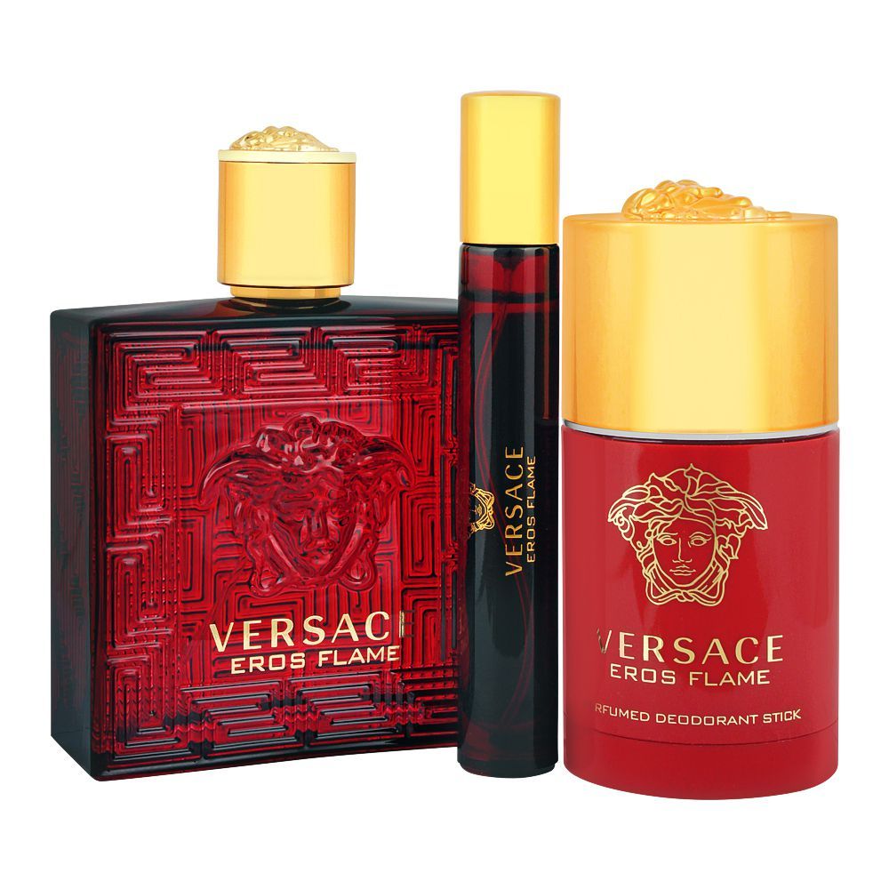 Versace Eros Flame Men 3s Gift Set (Edp 100ml+ Edp 10ml+ Stick 75gm) 
